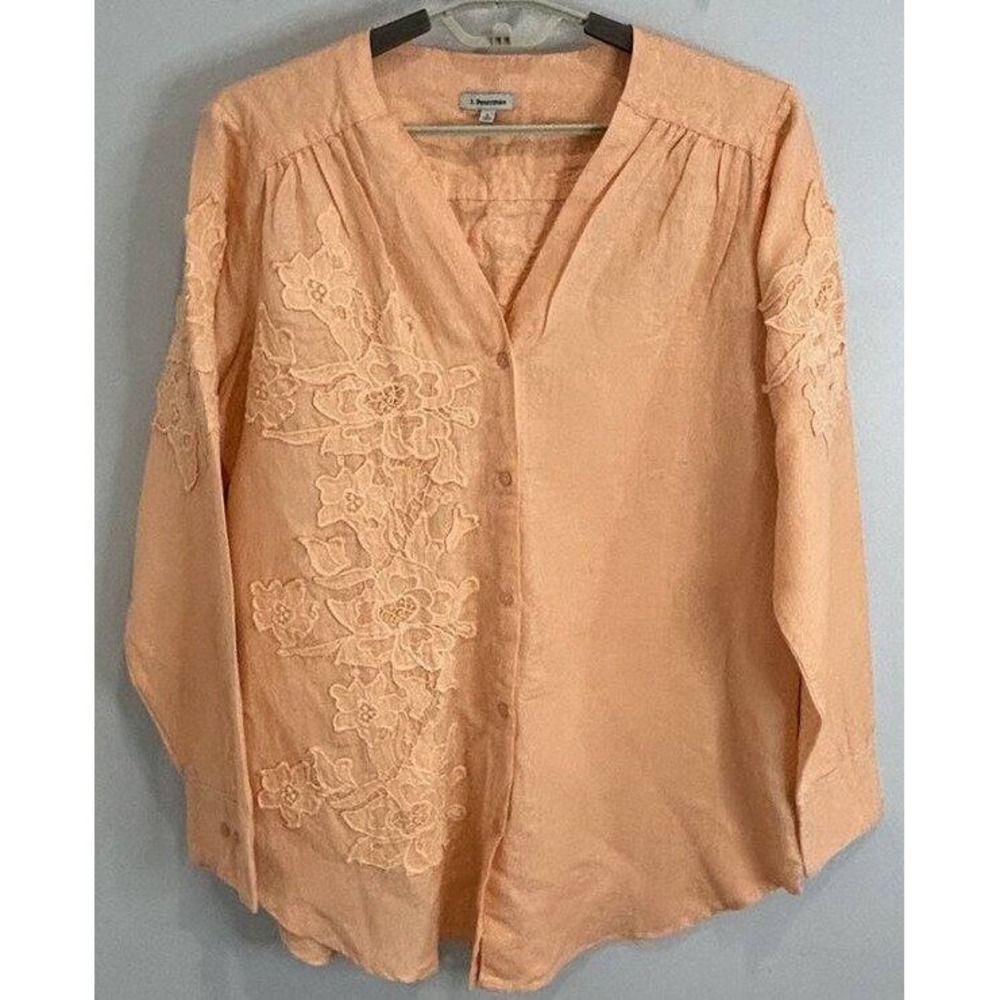 J Peterman Linen Blend Long Sleeve Tunic Peach Floral Applique Size L